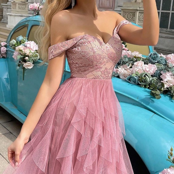 Luxe Pink Floral lace Off Shoulder Tulle Party Wedding Prom Dress - Picture 5 of 5
